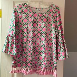 Pink, Green and White Crown & Ivy 3/4 length bell sleeve top with tassels